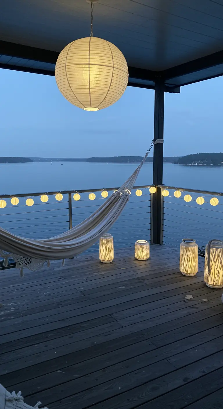 Terrasse en bois avec hamac, lampion suspendu, guirlande lumineuse et lanternes au sol, face à la mer.