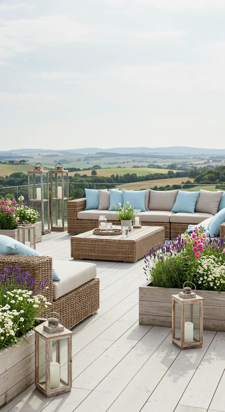 Grande terrasse avec salon de jardin en rotin, jardinières en bois, lanternes et vue sur la campagne.