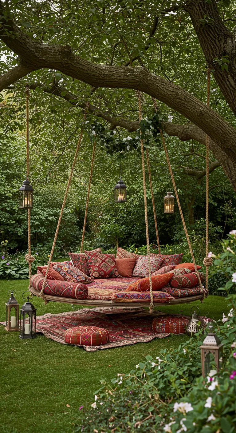 Un grand lit de jour rond suspendu à un arbre, richement décoré de coussins colorés et de lanternes.