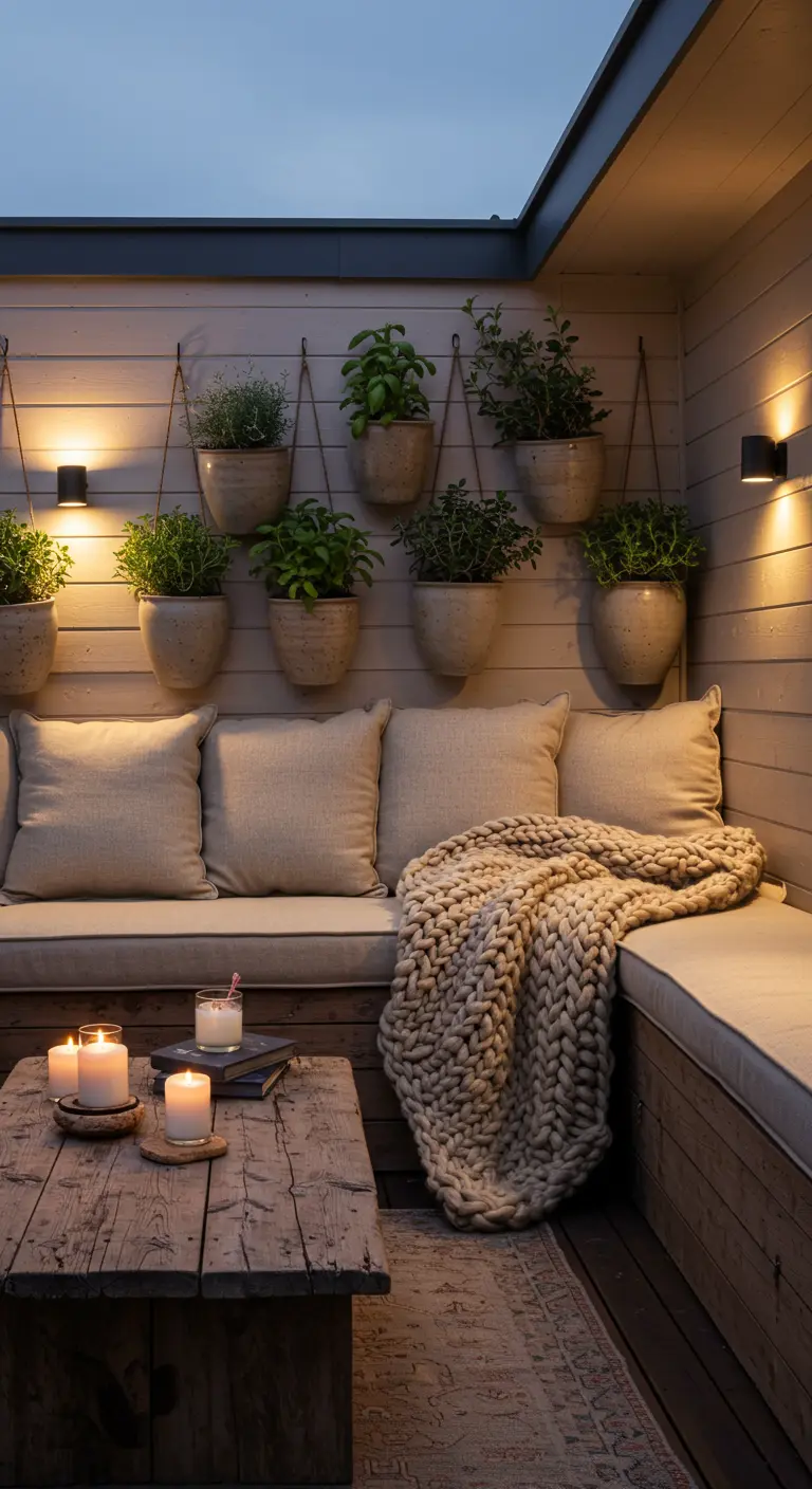 Coin cosy avec banquette en bois, plaid en tricot épais, pots d'herbes suspendus et bougies parfumées.