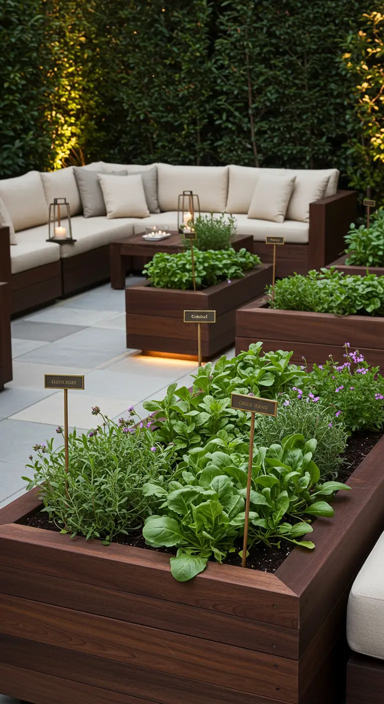 Jardinières potagères vertes modulables dans un angle de mur avec agrumes.