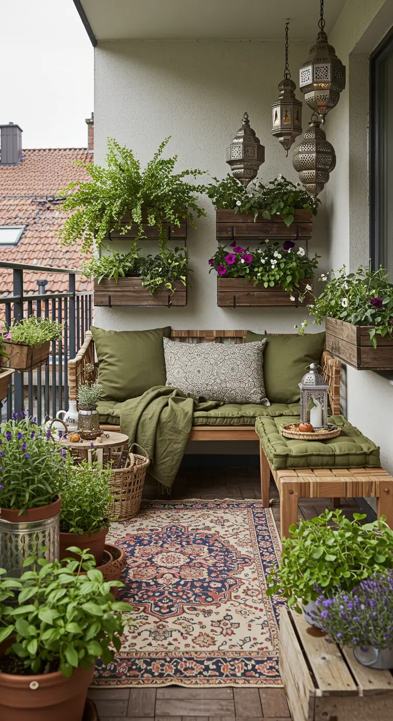 Balcon bohème avec lanternes marocaines, tapis et plantes en pots.