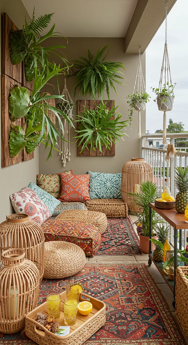 Balcon bohème avec tapis, coussins colorés, plantes suspendues, paniers et chariot de service.