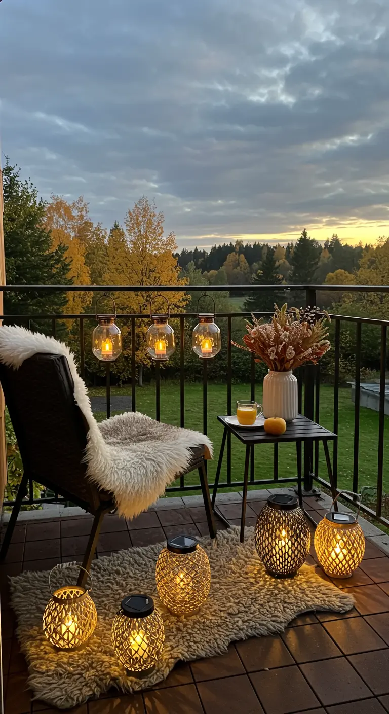 Balcon avec fauteuil en fourrure, lanternes solaires et suspendues, face à un paysage automnal.