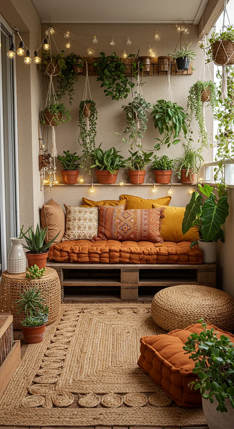 Balcon bohème avec canapé en palettes, coussins terre, tapis en jute, plantes suspendues et guirlandes.