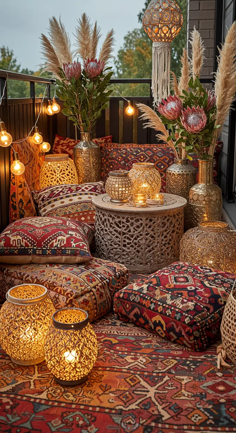 Balcon bohème avec nombreux coussins, tapis ethnique, lanternes dorées, pampas et Protea.