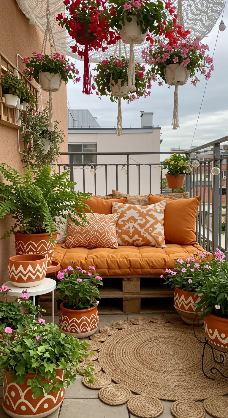 Balcon cosy avec canapé en palettes, coussins orange, pots peints et suspensions macramé.