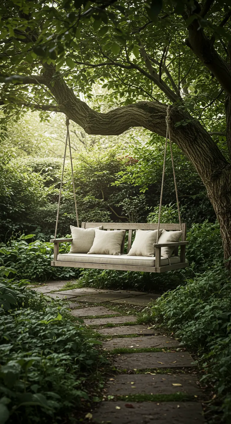 Un banc suspendu en bois clair avec coussins neutres, au milieu d'un jardin luxuriant et verdoyant.