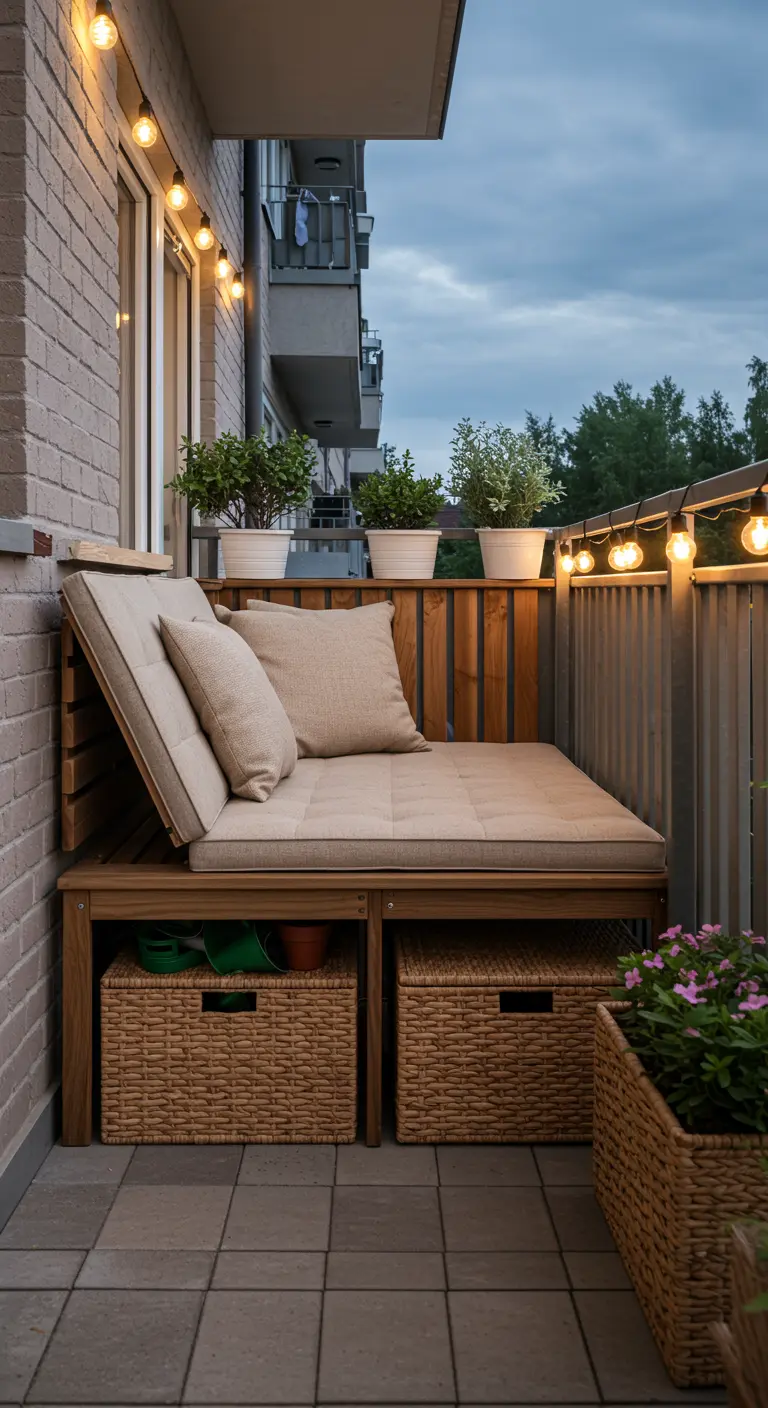 Banquette en bois avec coussins, paniers de rangement intégrés et guirlande lumineuse sur un balcon.