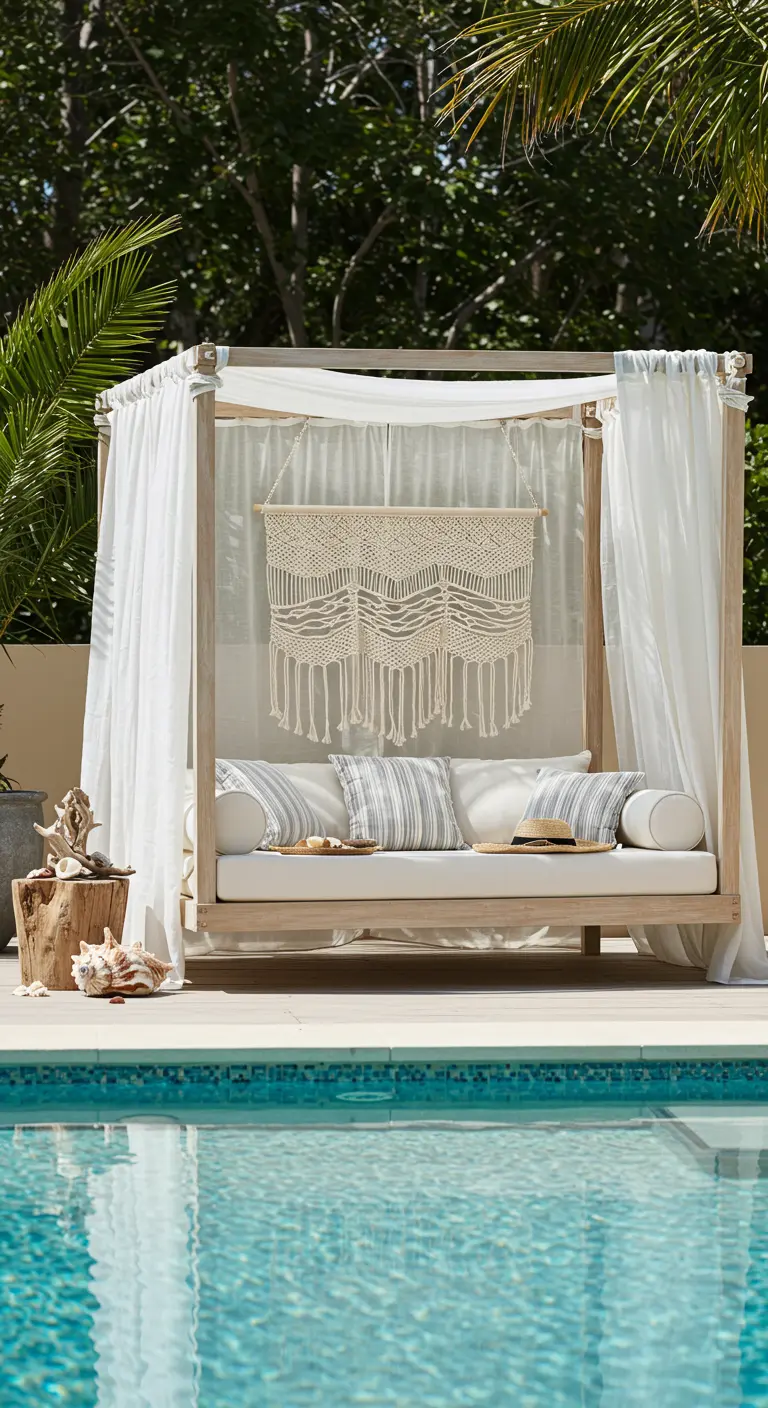 Lit de repos suspendu avec rideaux et macramé près d'une piscine.