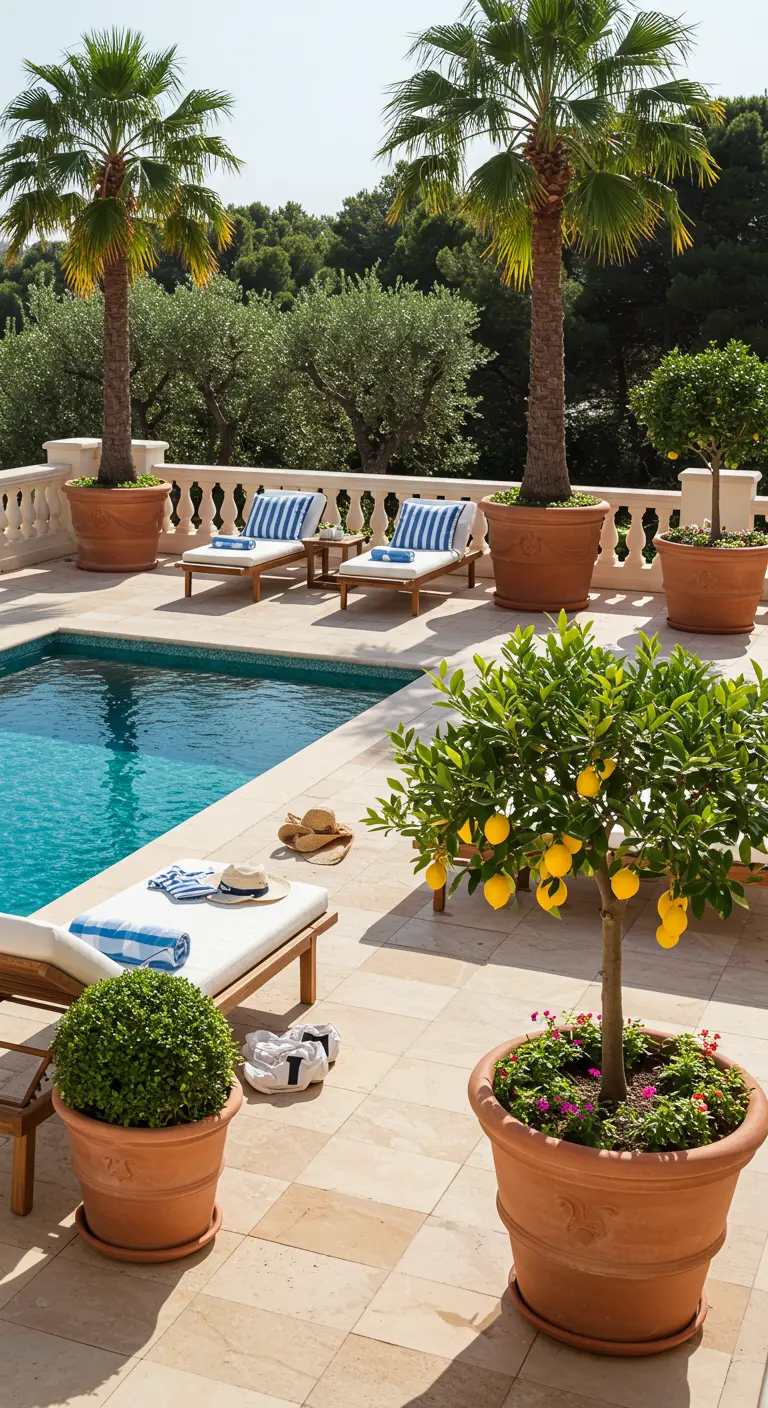 Terrasse luxueuse avec piscine, palmiers majestueux, citronnier et transats rayés.