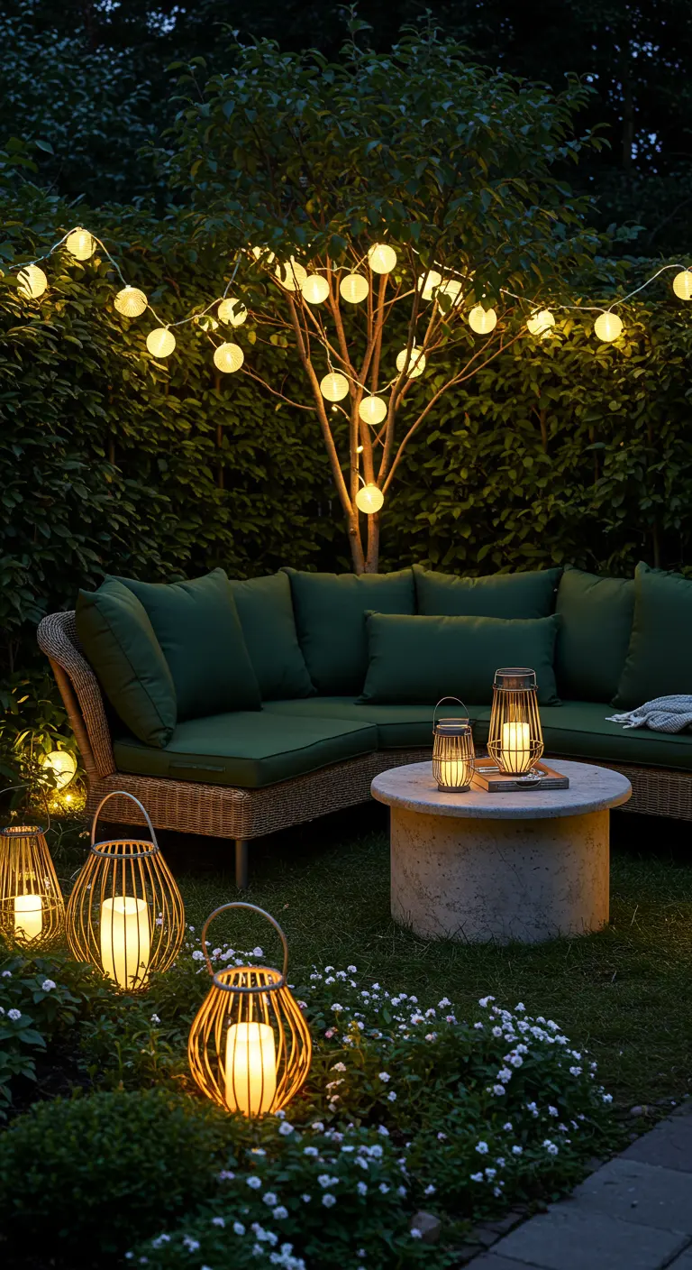 Jardin luxuriant avec canapé d'angle, guirlandes de globes lumineux et lanternes ajourées au sol.