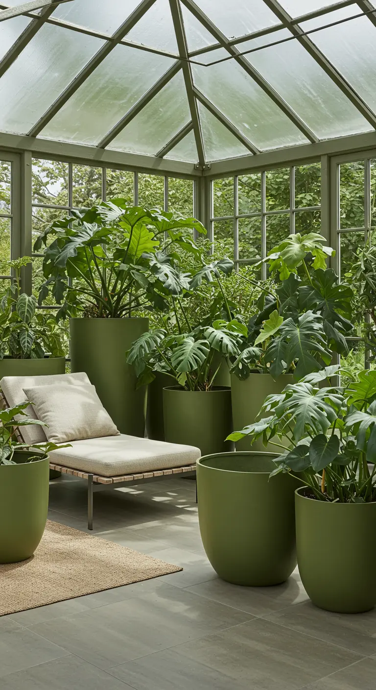 Grandes plantes vertes dans des pots verts mats de différentes tailles dans une véranda.