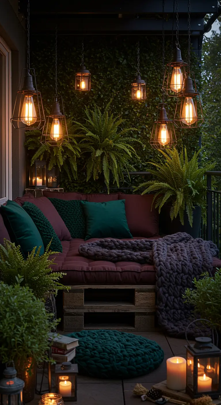 Balcon sombre et luxueux avec canapé en palettes, coussins verts, plantes luxuriantes et suspensions lumineuses industrielles.