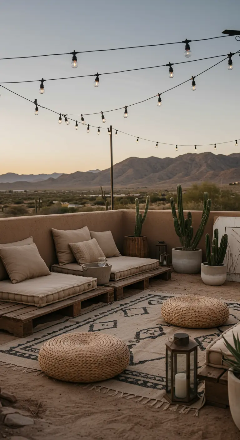 Terrasse de toit minimaliste désertique avec canapés palettes, cactées et guirlandes lumineuses.