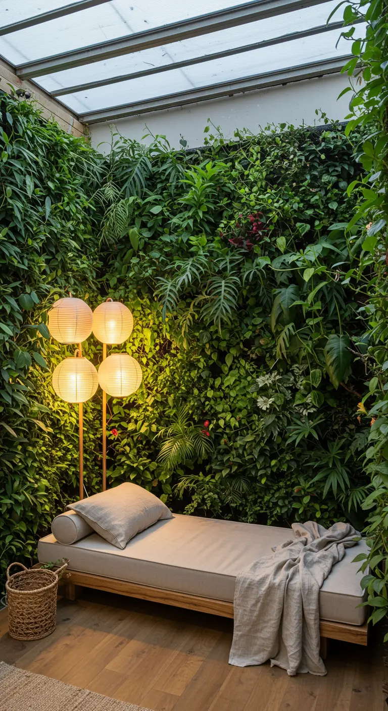 Véranda avec murs végétaux, lampadaire lanternes en papier et lit de repos.
