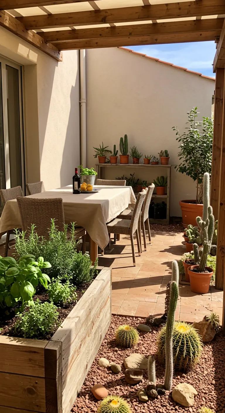 Cour méditerranéenne avec grand bac d'herbes, zone de gravier avec cactus, table sous pergola.