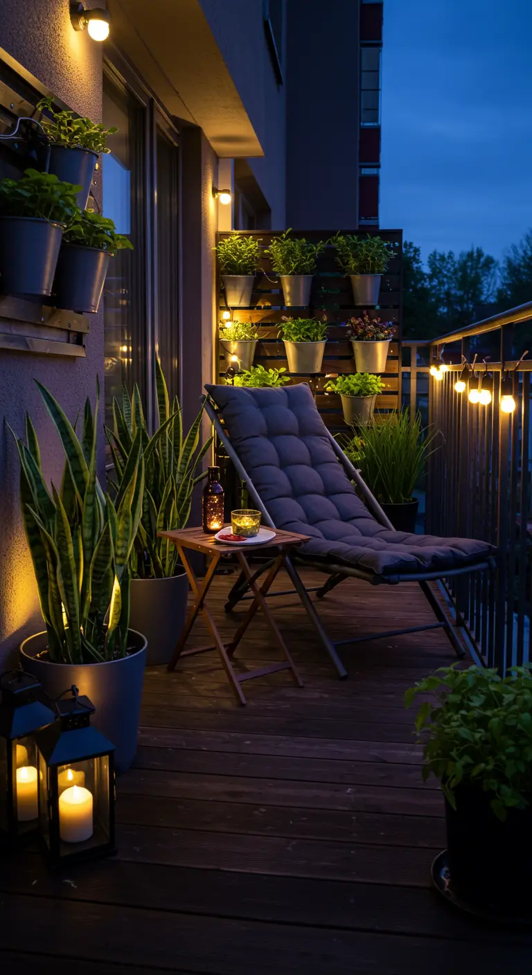 Balcon de soirée avec transat, grandes plantes en pot, lanternes et guirlandes lumineuses.