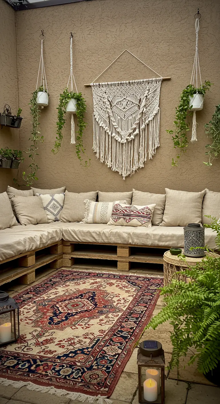 Grand canapé d'angle en palettes avec macramé mural, plantes suspendues et tapis d'extérieur