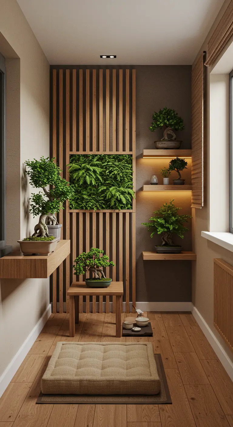 Balcon zen avec mur en lattes de bois, bonsaïs et un encadrement végétal.