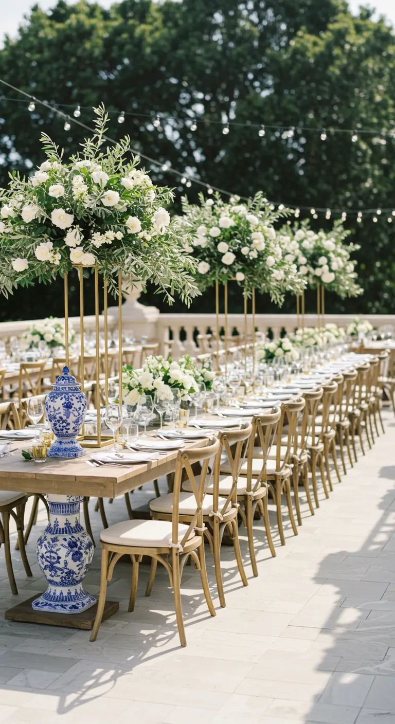Longue table de banquet en extérieur avec centres de table d'oliviers, roses blanches sur supports dorés et grands vases bleus et blancs.