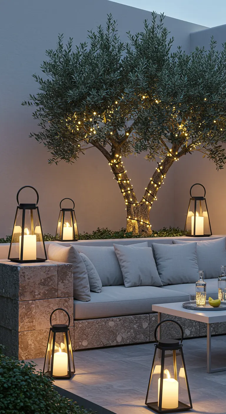 Olivier décoré de guirlandes lumineuses et grandes lanternes noires sur une terrasse moderne.