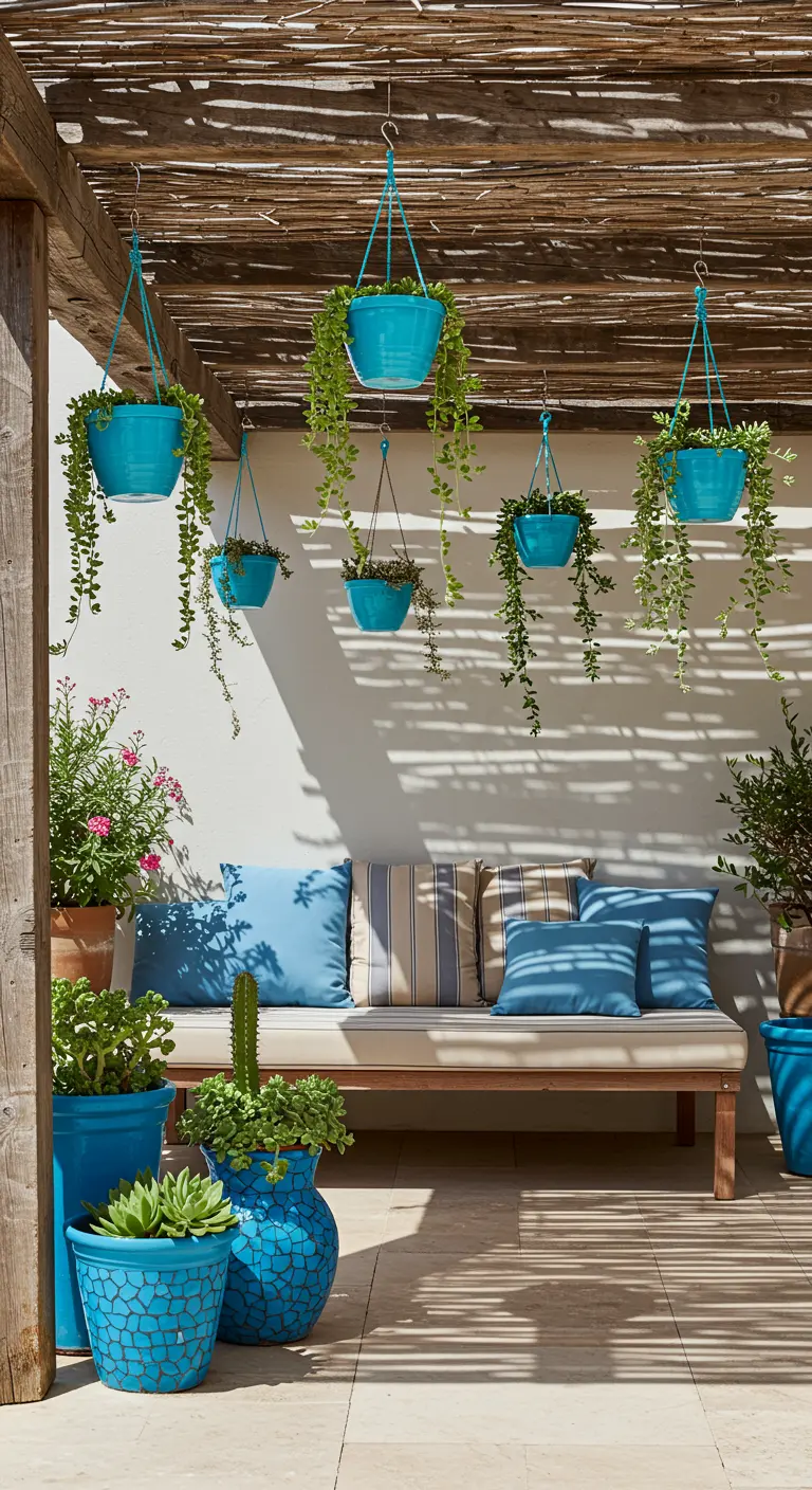 Espace sous pergola avec des pots suspendus turquoise, un banc avec coussins et des pots au sol.