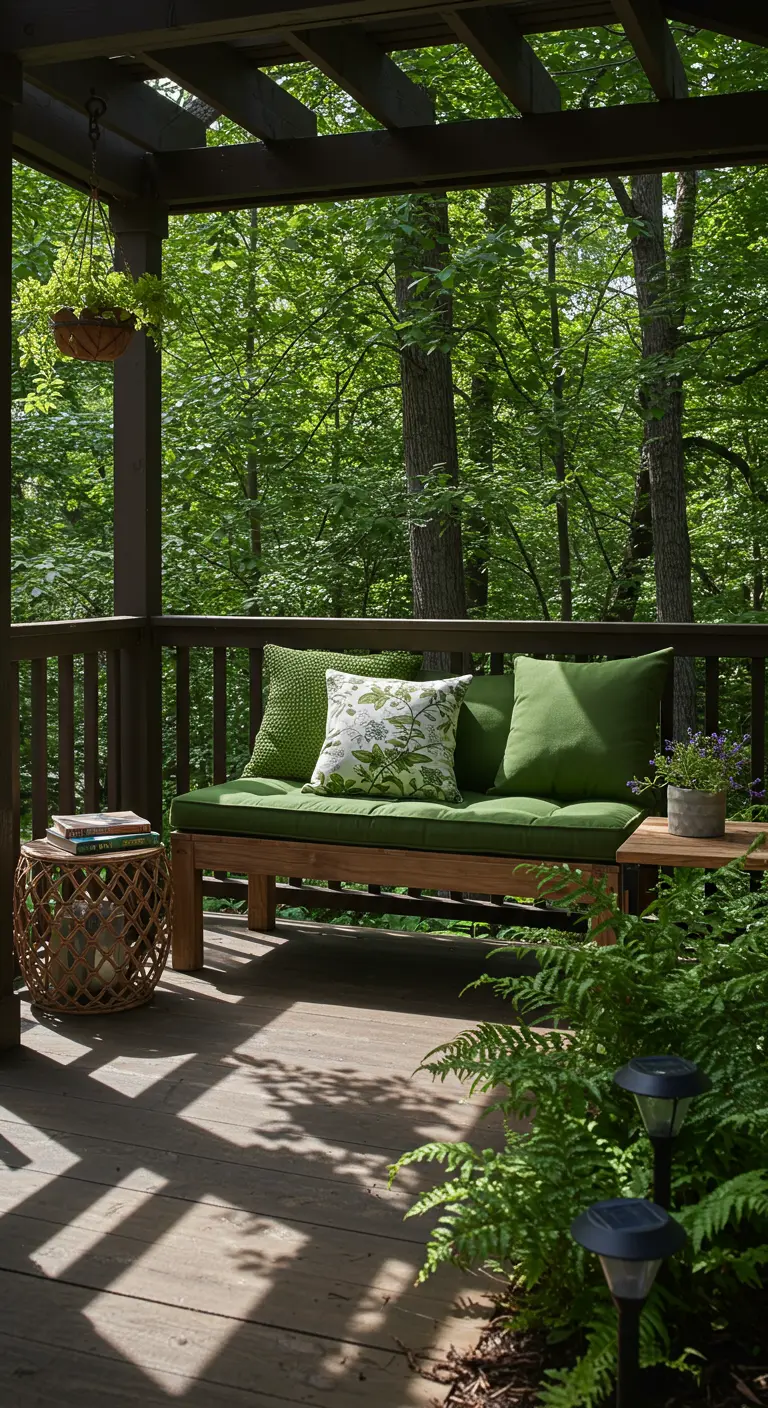Terrasse boisée avec banquette verte, table d'appoint tressée, fougères et chemins lumineux solaires.