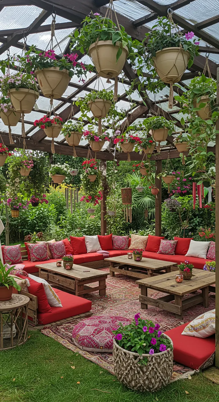 Grand salon extérieur sous une pergola, avec de nombreux pots suspendus fleuris et des canapés rouges.