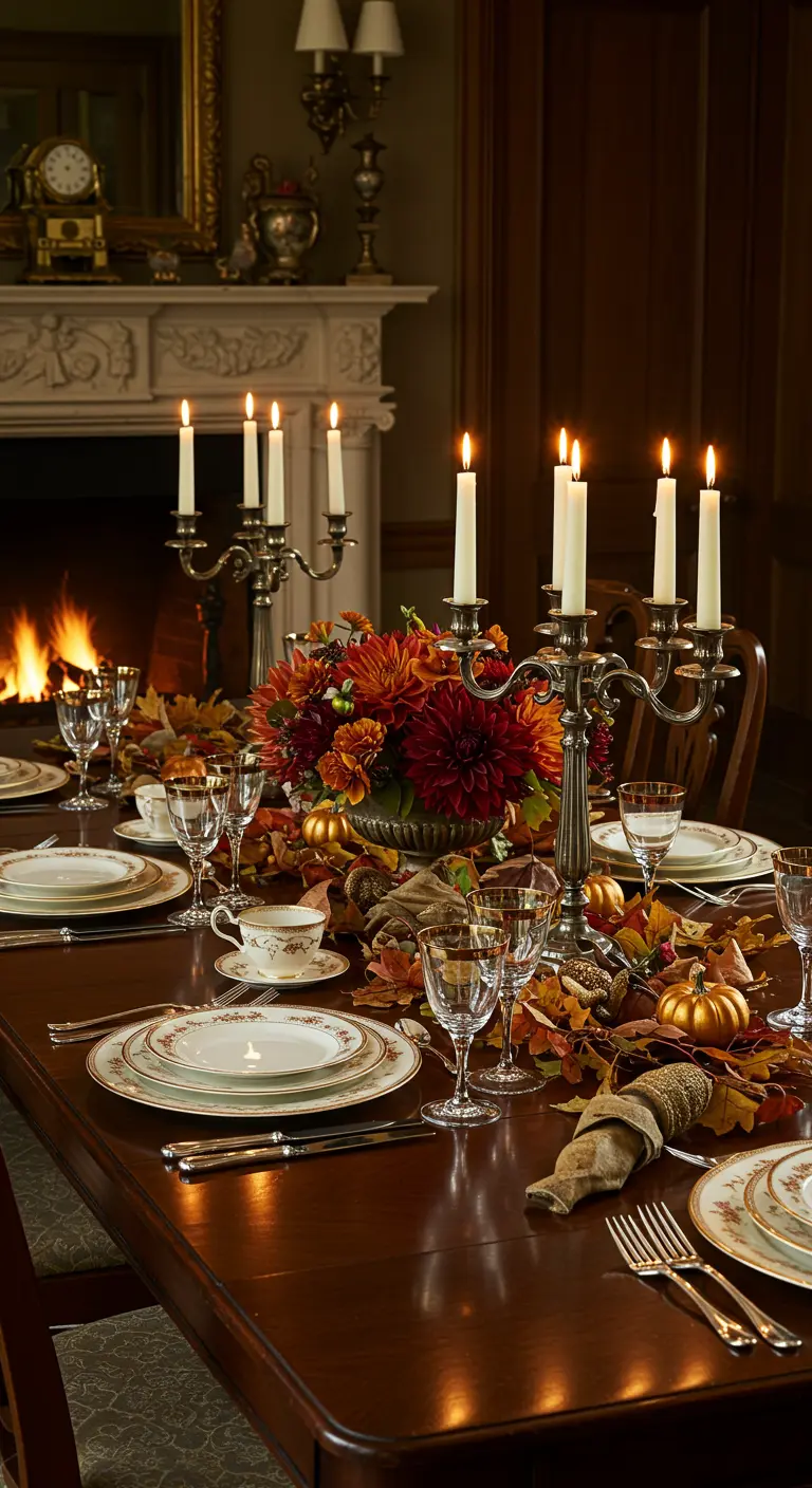 Table de salle à manger classique avec cheminée, chandelles sur candélabres et décorations d'automne.