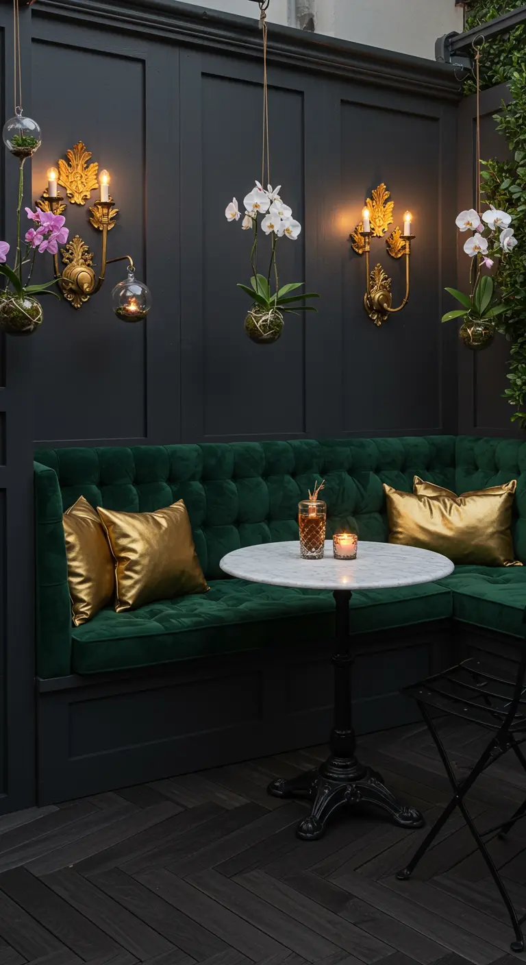 Patio luxueux avec banquette velours vert, coussins dorés, appliques murales ornementales et orchidées suspendues.
