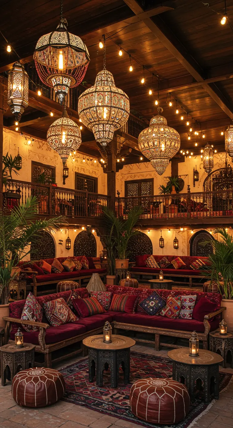 Grand salon marocain avec canapés rouges, coussins brodés, lanternes géantes et palmiers.