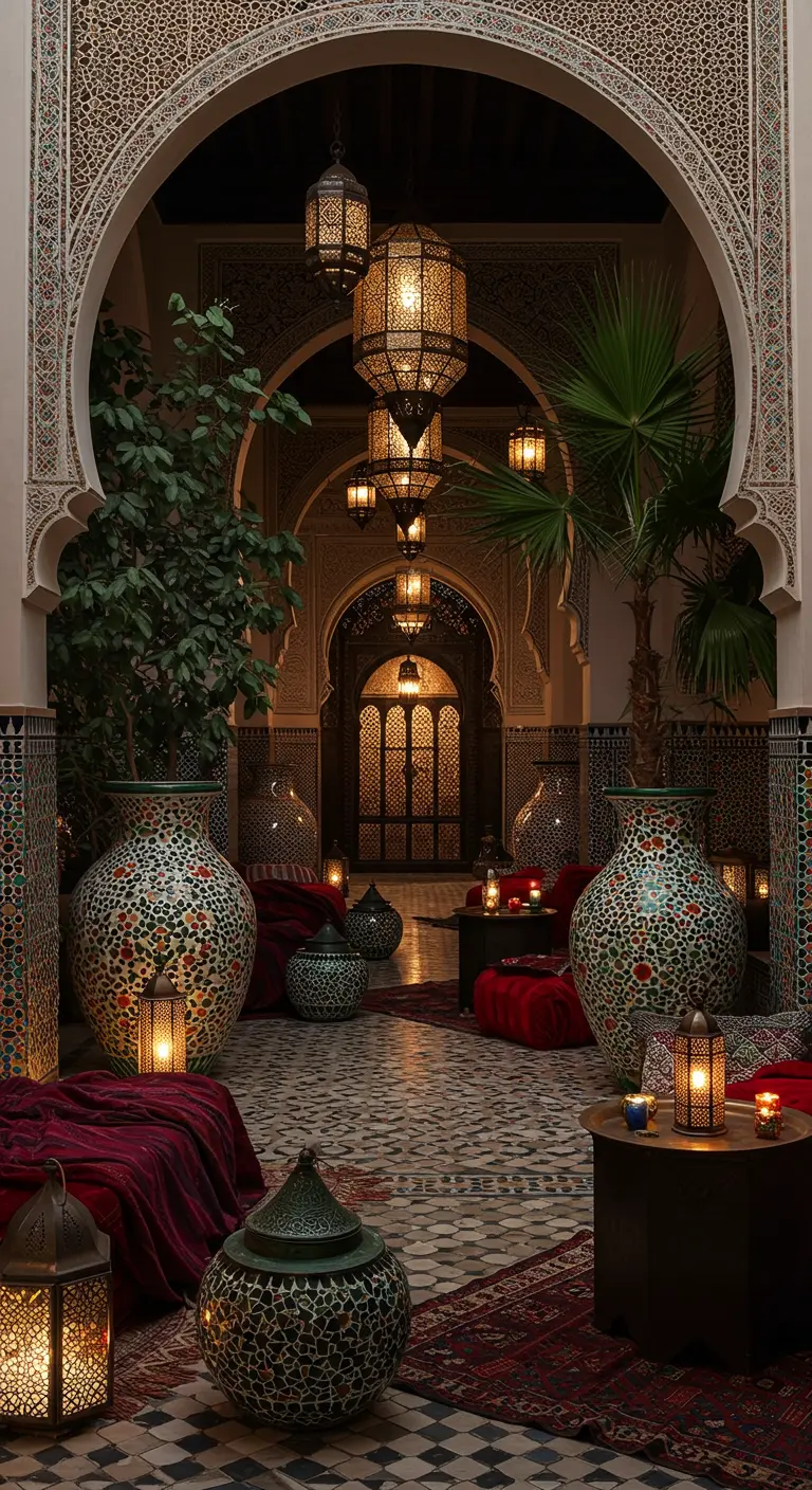 Cour de riad marocain luxueux, grands pots mosaïque ornés, lanternes complexes, coussins rouges.