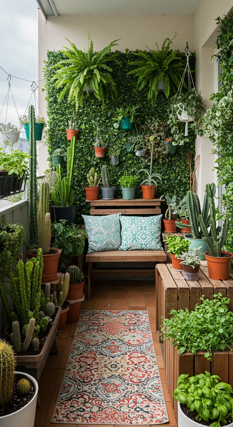 Balcon luxuriant avec mur végétal, cactus, fougères, banc en bois et tapis bohème.