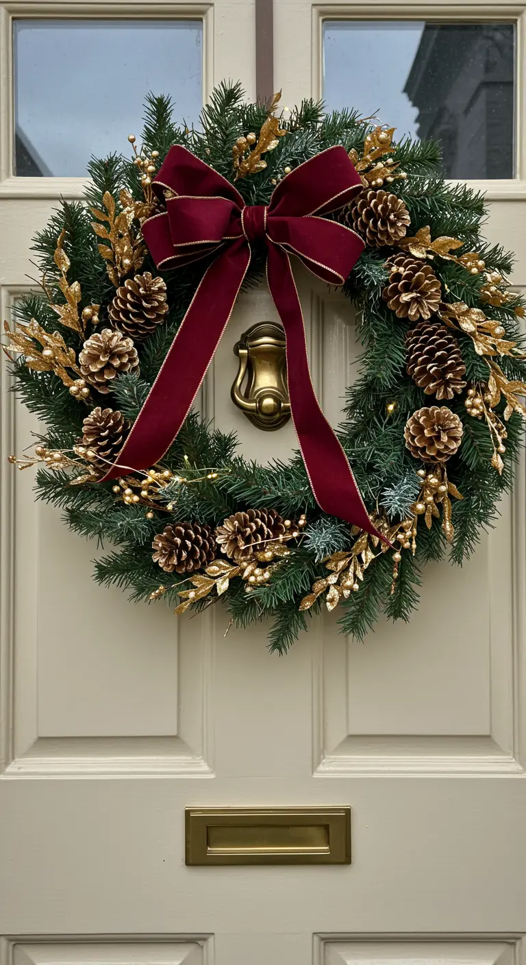 Couronne de sapin, pommes de pin dorées et ruban velours bordeaux sur porte crème.