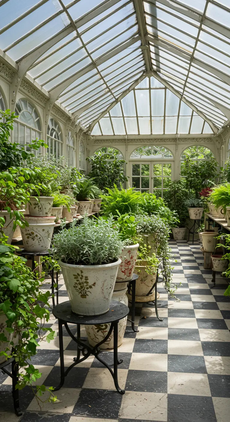 Serre ancienne avec un sol à carreaux et une profusion de plantes en pots.