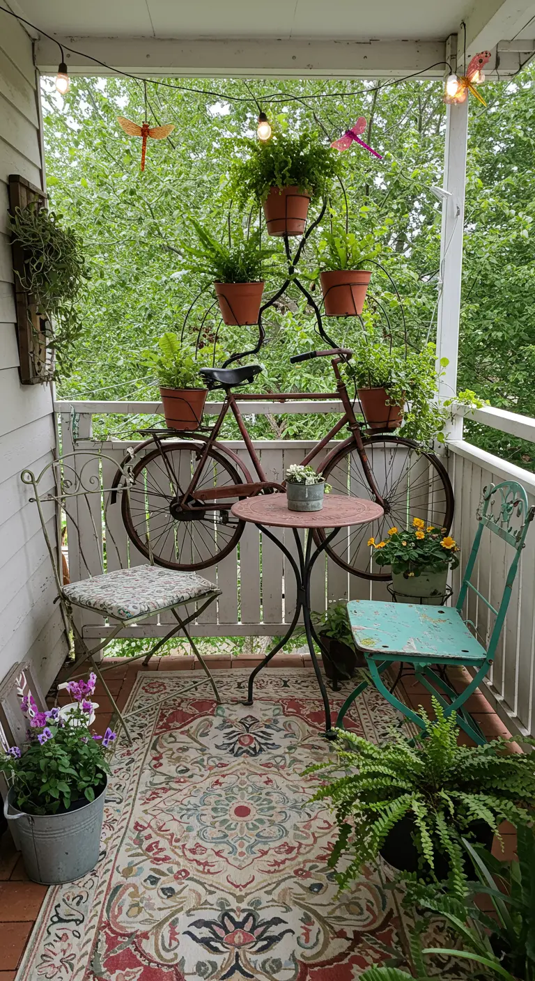 Balcon pittoresque avec un ancien vélo transformé en support à plantes.