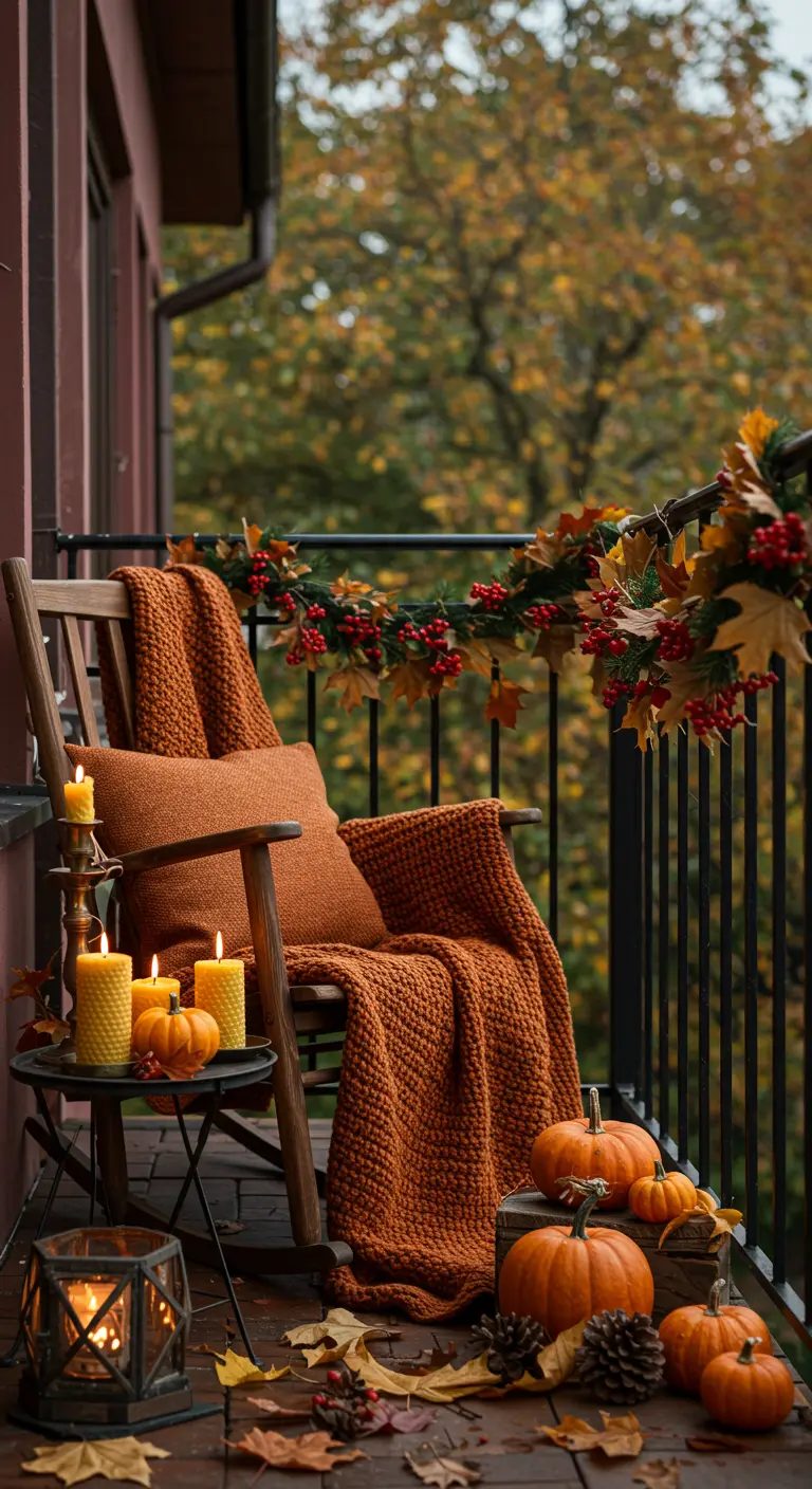 Chaise à bascule avec plaid orange, citrouilles, bougies et guirlande de baies sur un balcon.