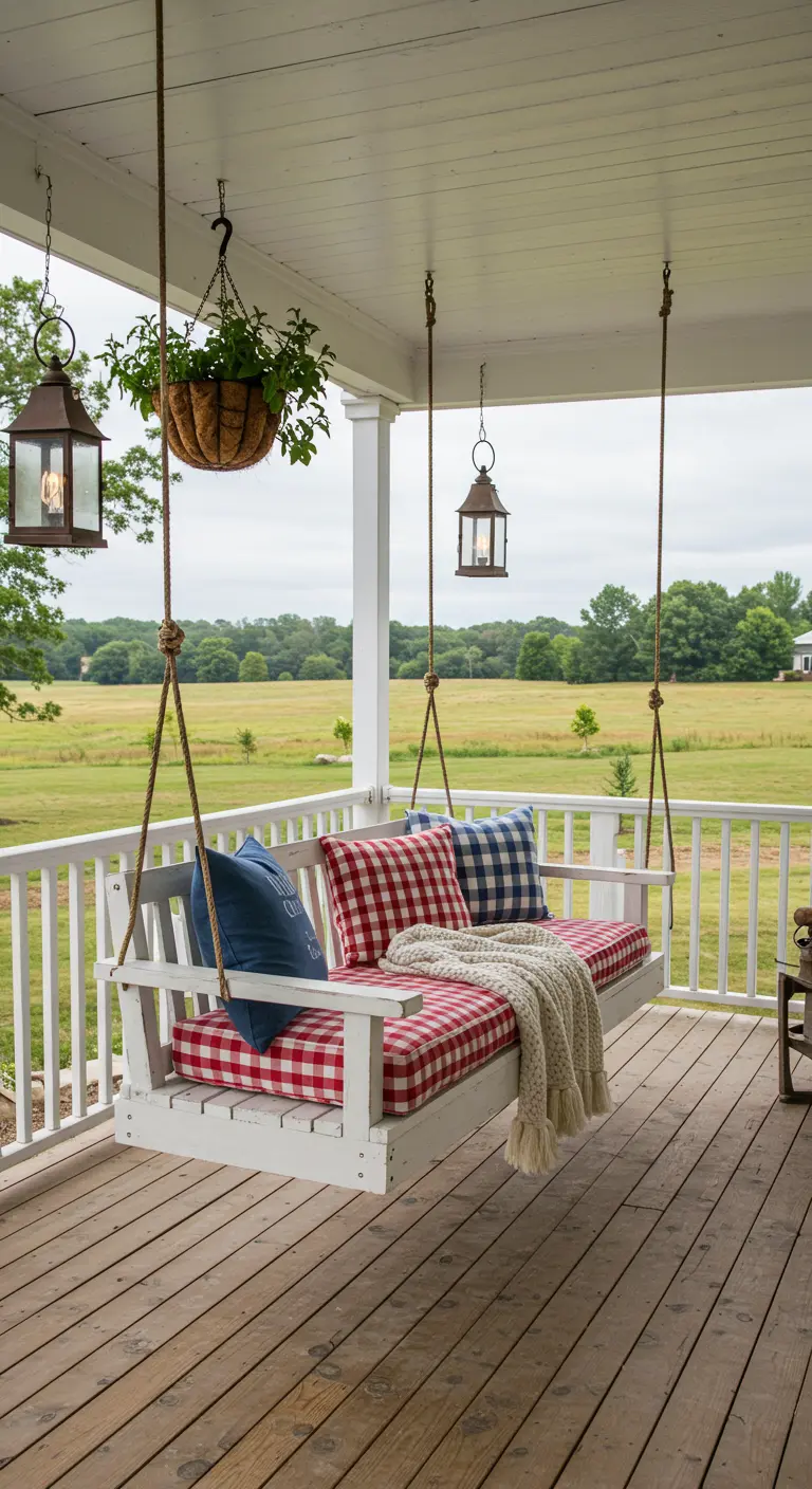 Une balançoire de porche blanche avec coussins à carreaux rouges et bleus, des lanternes et un panier suspendu.