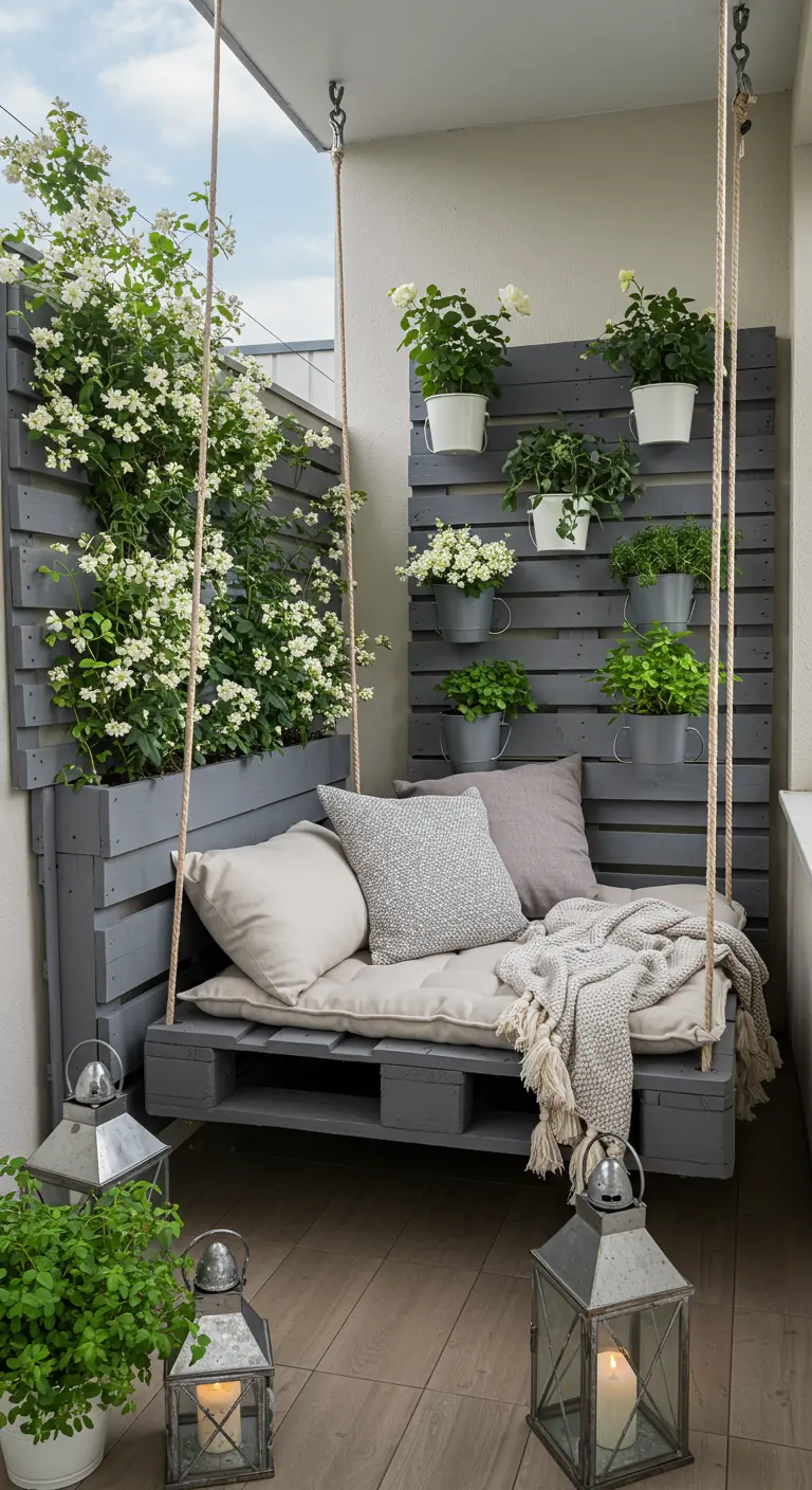 Balançoire suspendue en palettes grises sur un balcon, avec un mur végétal fleuri, coussins et lanternes.