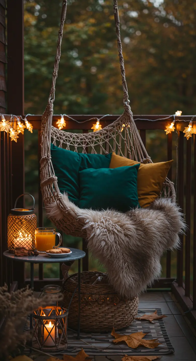 Balançoire suspendue avec coussins, plaid, lanternes et guirlandes lumineuses sur un balcon.