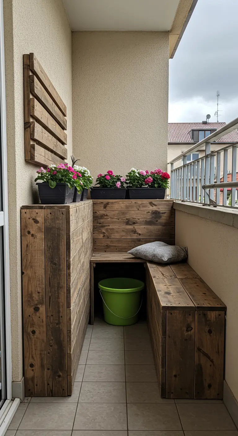 Balcon avec une banquette en bois DIY intégrant du rangement et des jardinières.