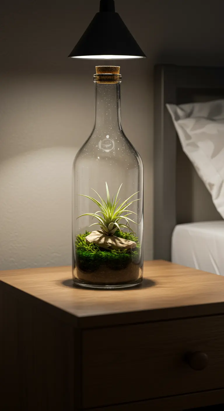 Bouteille en verre transformée en terrarium avec Tillandsia et mousse, éclairée par une petite lampe suspendue.