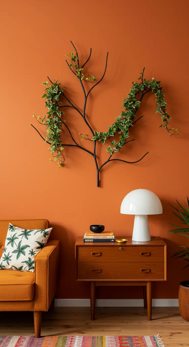 Structure métallique noire en forme de branche avec liane de plante verte sur mur orange, ambiance rétro.