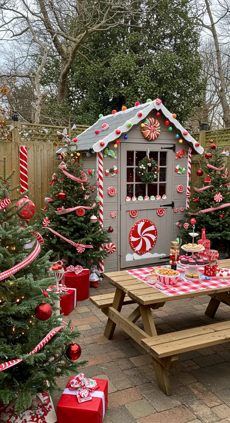 Cabane de jardin décorée comme une maison en pain d'épices, sapins ornés de bonbons et table de pique-nique.