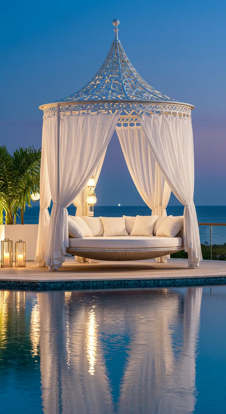 Un lit de jour rond suspendu sous un baldaquin en fer forgé avec voilages blancs au bord d'une piscine face à la mer.