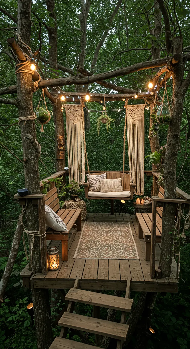 Cabane dans les arbres aménagée avec balançoire, macramé, guirlandes et tapis extérieur.