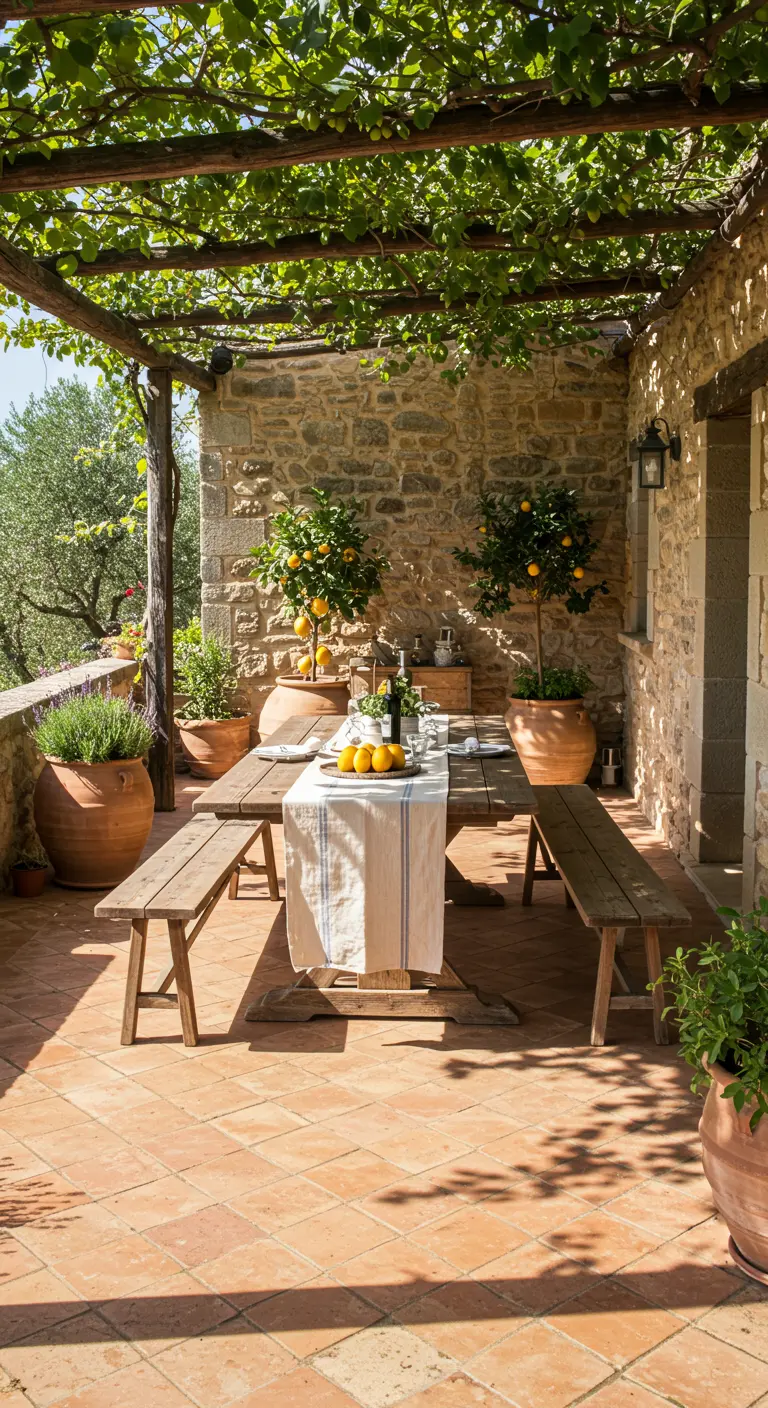 Terrasse en pierre avec pergola en canisses, table et bancs en bois, citronniers en pots.