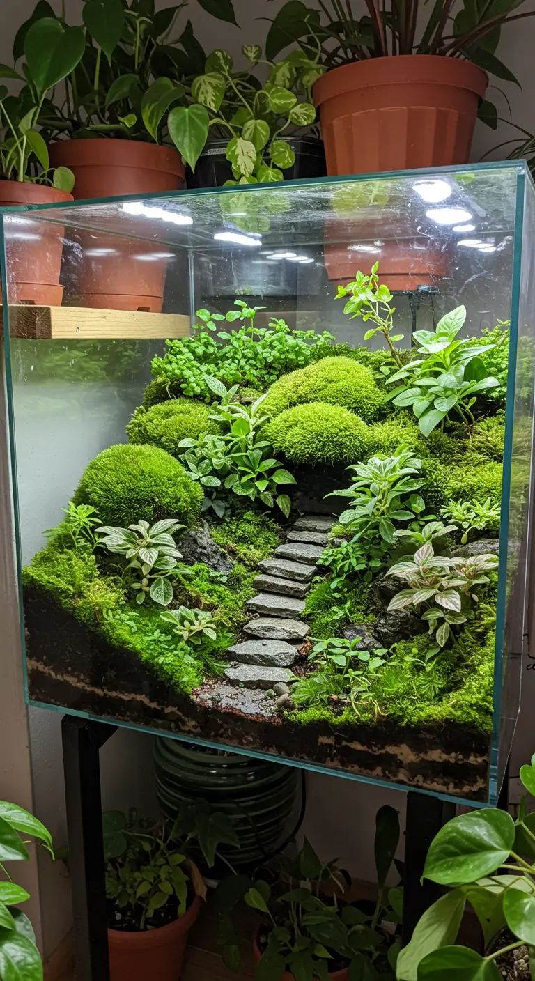 Grand terrarium rectangulaire avec un paysage verdoyant en couches, une cascade de mousse et un chemin de pierres.