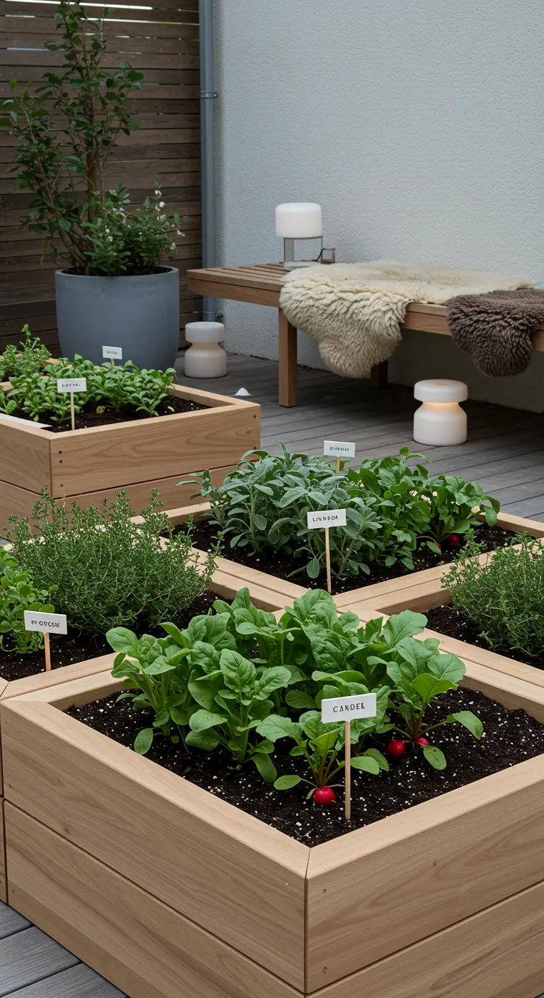 Jardinières en bois clair avec des plantes et des étiquettes en bois, sur une terrasse.